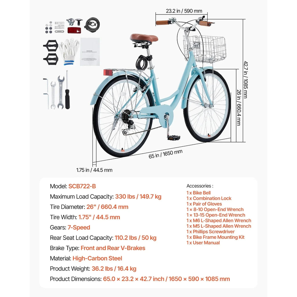 KFFKFF 26 in 7-Speed Cruiser Bike, Pale Blue With Front Basket And Rear Rack - SCB722-B