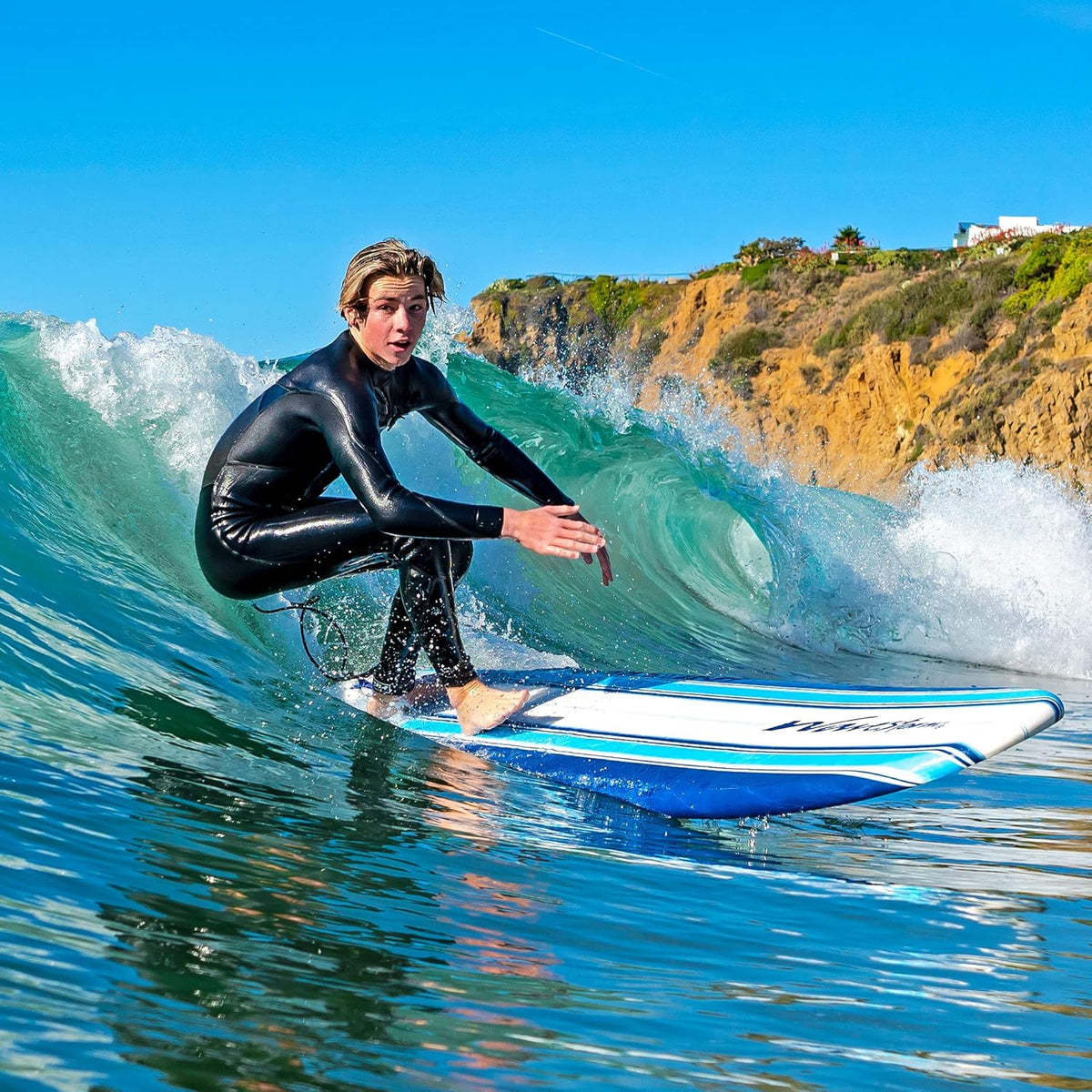 8ft Soft Top Foam Surfboard – EPS Core with 3 Stringers, Wax-Free Longboard, 200lb Capacity