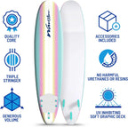8ft Soft Top Foam Surfboard – EPS Core with 3 Stringers, Wax-Free Longboard, 200lb Capacity