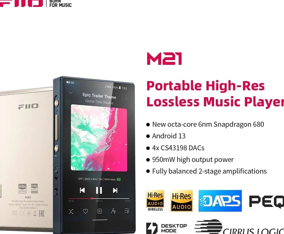 FiiO Hi-Res Music Player, Android 13, Snapdragon 680, 64 GB, Blue-Black - M21