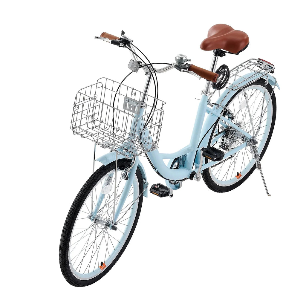 KFFKFF 26 in 7-Speed Cruiser Bike, Pale Blue With Front Basket And Rear Rack - SCB722-B