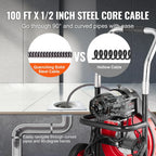 550W Drain Cleaning Machine, 100-Ft. x 1/2-Inch Sewer Snake Auger with 8 Cutters, Wheels and Foot Switch, for 2-4-Inch Pipes