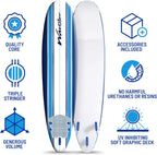 8ft Soft Top Foam Surfboard – EPS Core with 3 Stringers, Wax-Free Longboard, 200lb Capacity