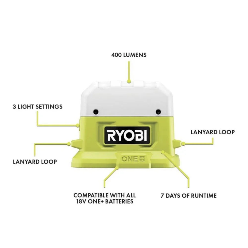 Ryobi 18V ONE+ 3-Tool Camping Kit With Area Light, Bluetooth Speaker, 4 in Clamp Fan, 1.5 Ah Battery, Charger And 16 in Buho Tool Bag
