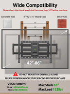 TV Wall Mount for Most 42-86 Inch Flat Screen TVs, 132 lbs - Full-Motion Swivel Tilt Bracket