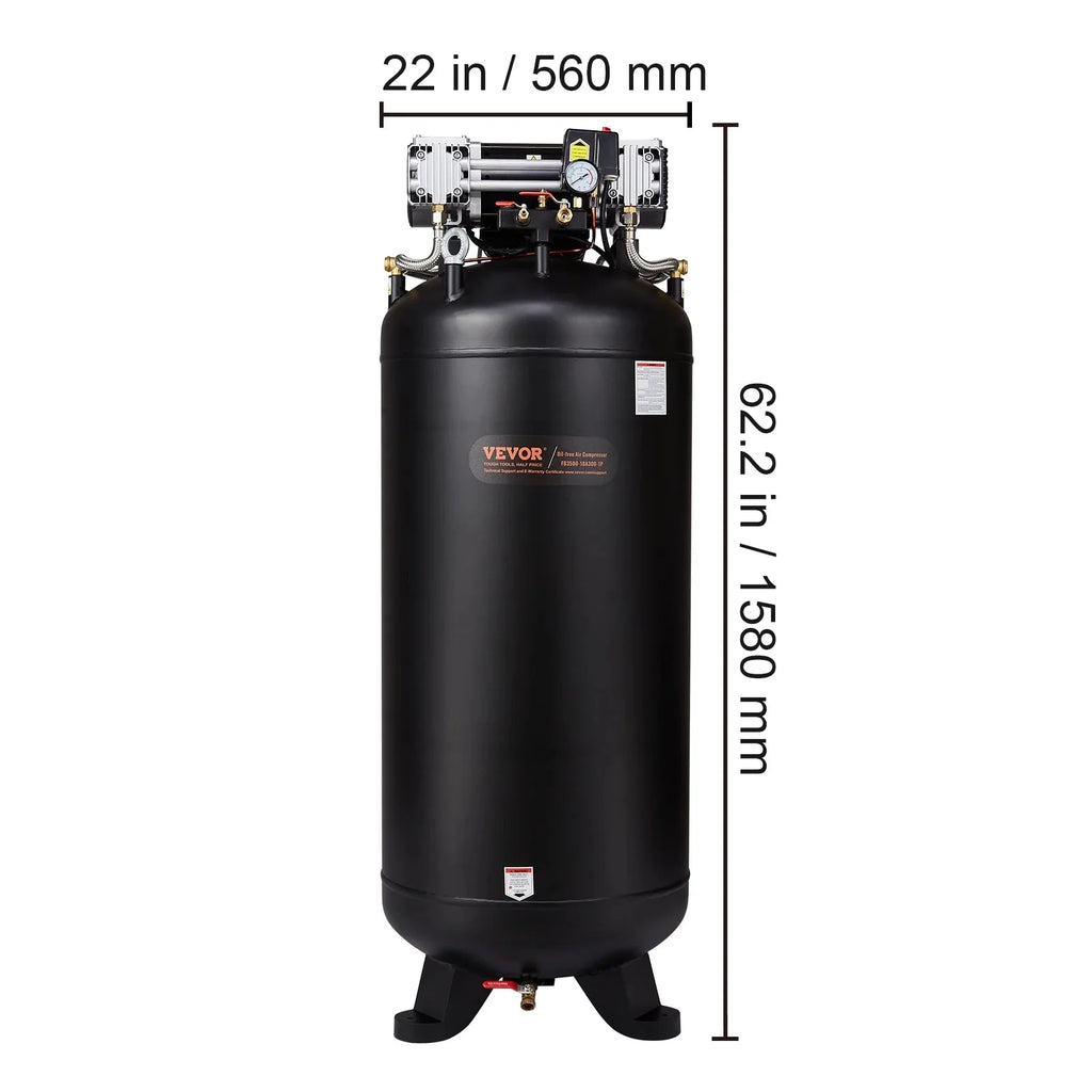 VEVOR 80 Gallon Oil-Free Air Compressor, 6.5 HP, 15.5 SCFM at 90 PSI, 145 PSI - FB3500-10A300-1P