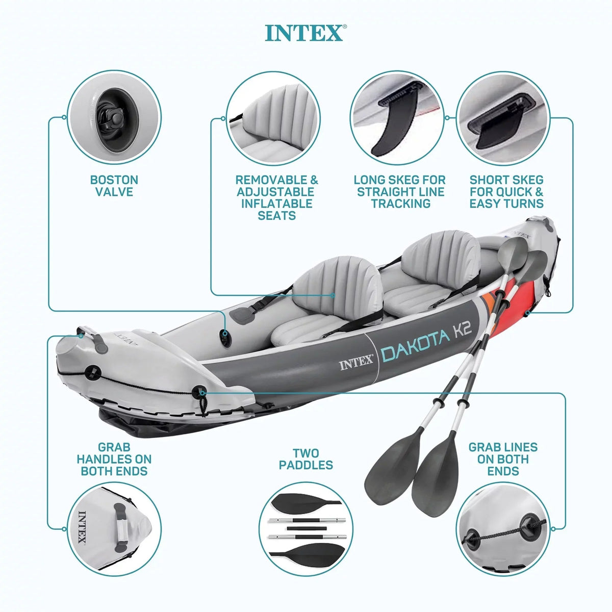 Intex Dakota K2 2-Person Vinyl Inflatable Kayak With Oars And Pump - Open Box