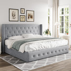 Queen Size Lift Up Storage Bed with Wingback Headboard, Upholstered Platform Bed Frame with Hidden Storage