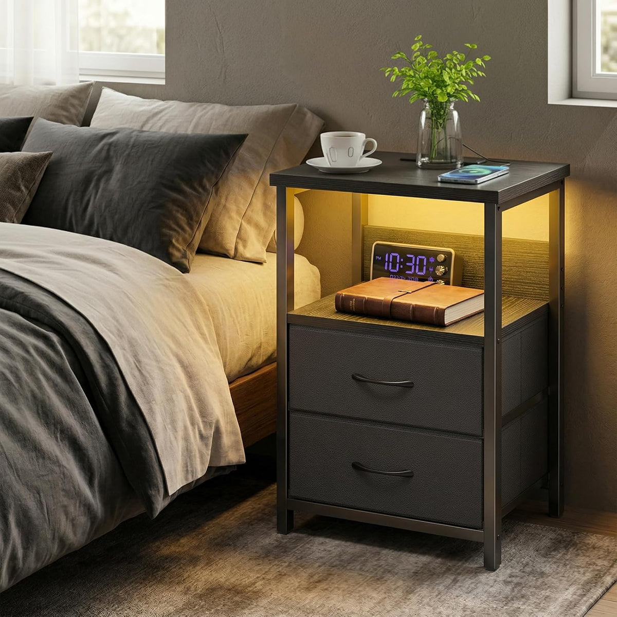 Black LED Nightstand with Charging Station, 2 Fabric Drawers & Open Shelves