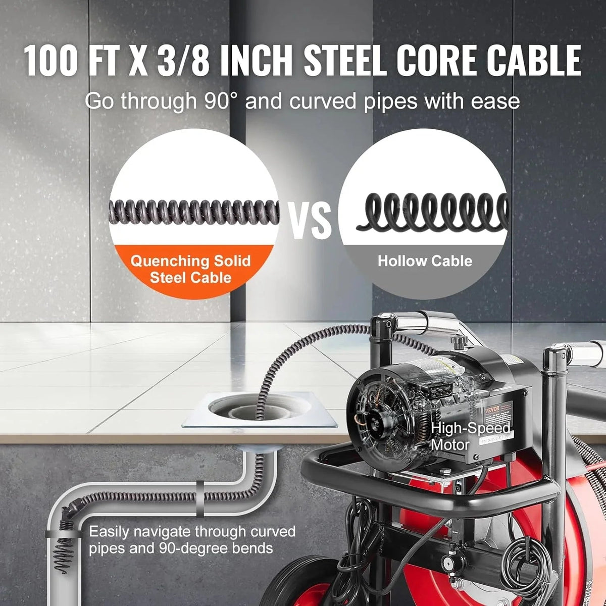 VEVOR Drain Cleaner Machine 100FT x 1/2 Inch, 550W, Red + Black - Drain Cleaner Machine 100 FT x 1/2 Inch