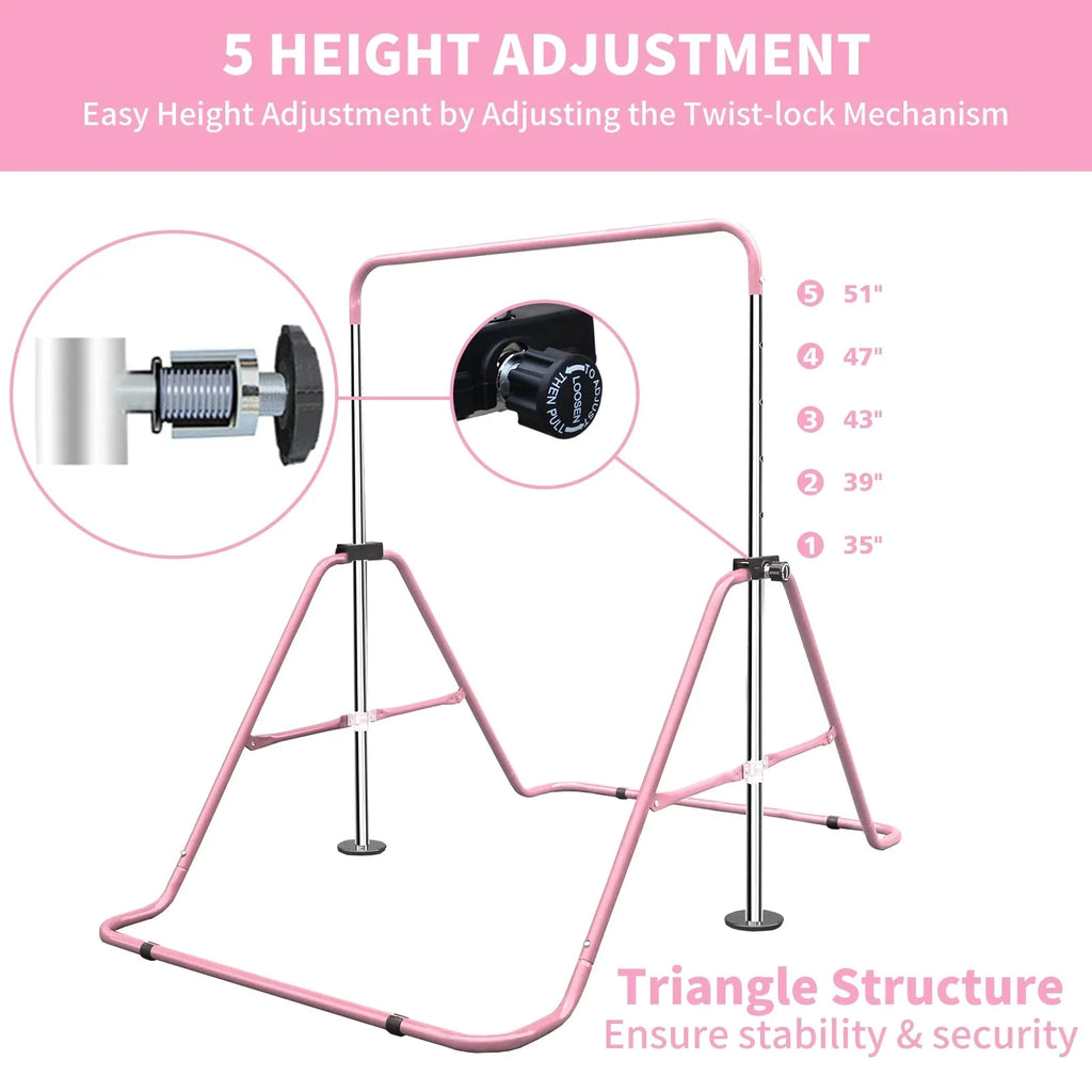 Expandable Gymnastics Bar For Kids, Folding, Height Adjustable 35-51 in, Pink