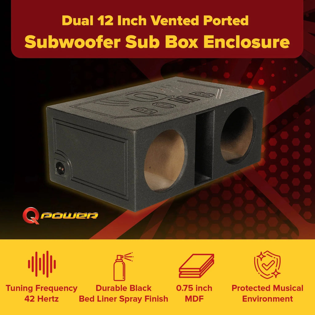QPower Dual 12 Inch Vented Car Subwoofer Enclosure - QBOMB12VL
