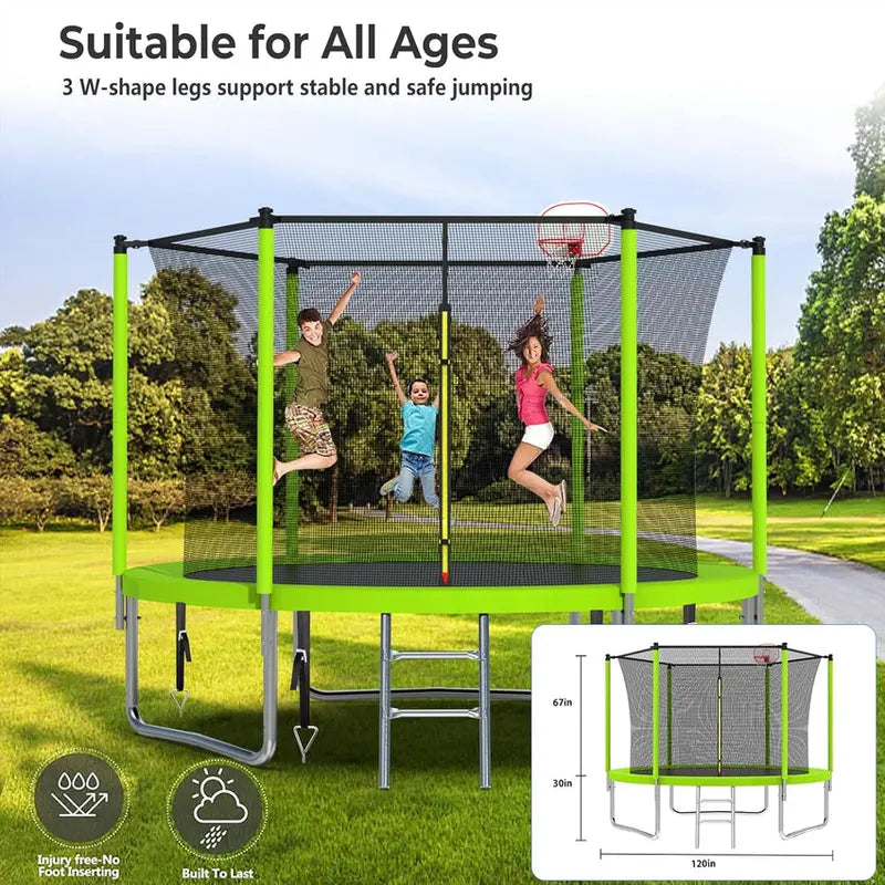 Trampoline With Enclosure Net And Adjustable Basketball Hoop - 8ft, 10ft, 12ft, 14ft, 15ft, 16ft