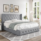 Queen Size Lift Up Storage Bed with Wingback Headboard, Upholstered Platform Bed Frame with Hidden Storage