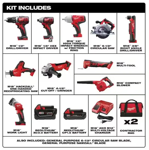 Milwaukee M18 18V Lithium-Ion Cordless 10-Tool Combo Kit With 2 Batteries, Charger And 2 Tool Bags