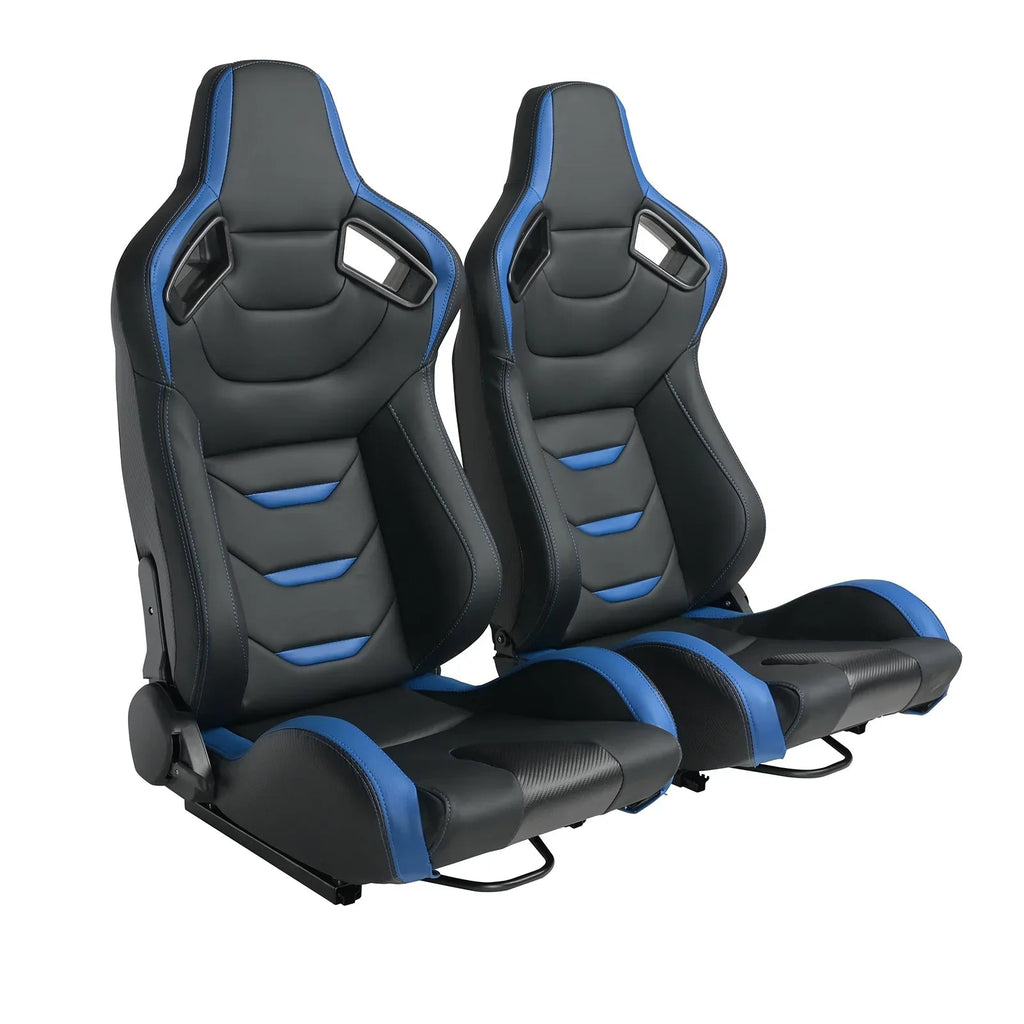 Universal Racing Bucket Seats, Pair With Dual Lock Sliders, Black With Blue PVC Leather, 36.6 x 21.6 x 21.6 in
