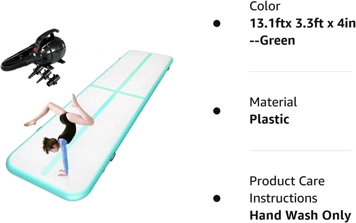 Inflatable Gymnastics Tumble Track Air Mat, 10FT/13FT/16FT, 4 Inches Thick - With Electric Air Pump