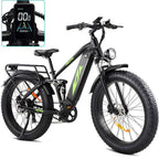 Adult Electric Bike 1000W 48V 17.5AH, 26 Fat Tire, Full Suspension, 28MPH, 7 Speed, 60Miles Range, Black