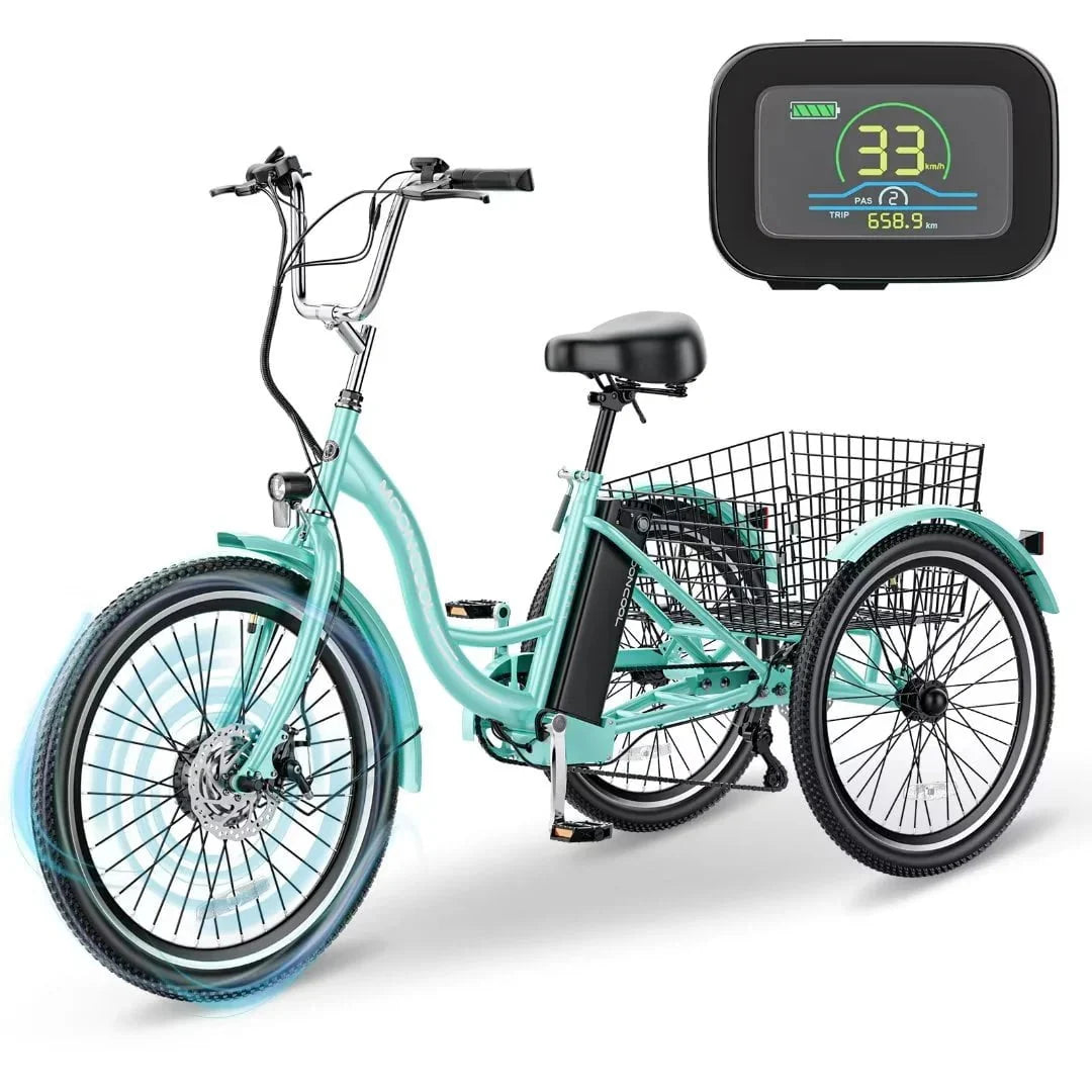 Docred 24in Electric Tricycle, 7 Speed 3 Wheel E-Bike With Large Basket, 350W 36V 10.4Ah - 15.5 MPH